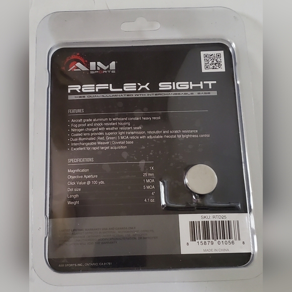 Aim Sports 1X25 Reflex Sight Dual-Illuminated RTD25 w/Interchangeable Base - New - Picture 2 of 5